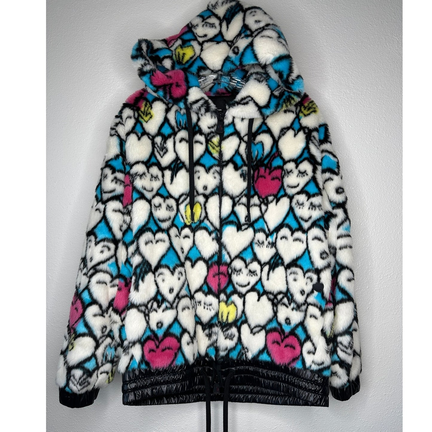 Moncler Grenoble Heart Print Faux Fur Oversized Hoodie Zip Jacket Small