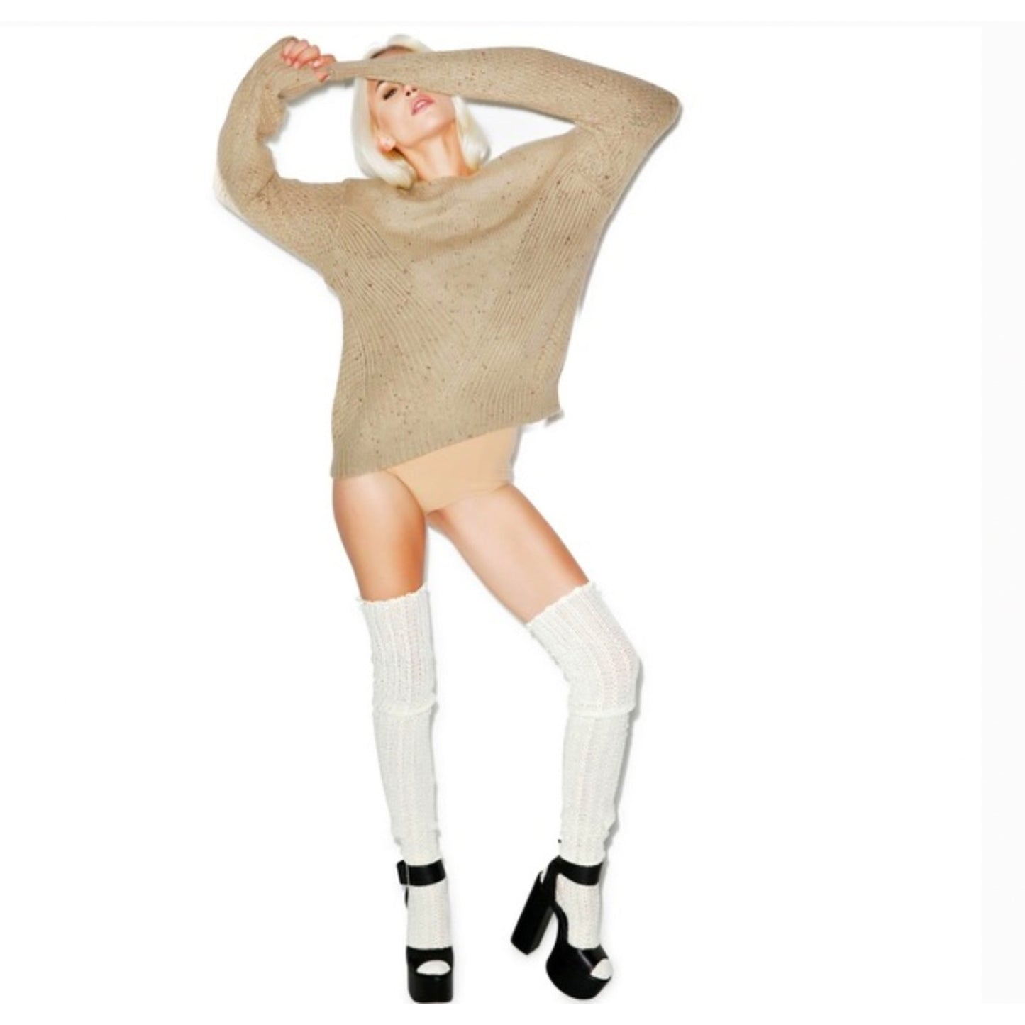 Wildfox Weekday Fuzzy Chunky Knit Design Oatmeal Tan Boxy Sweater Jumper S