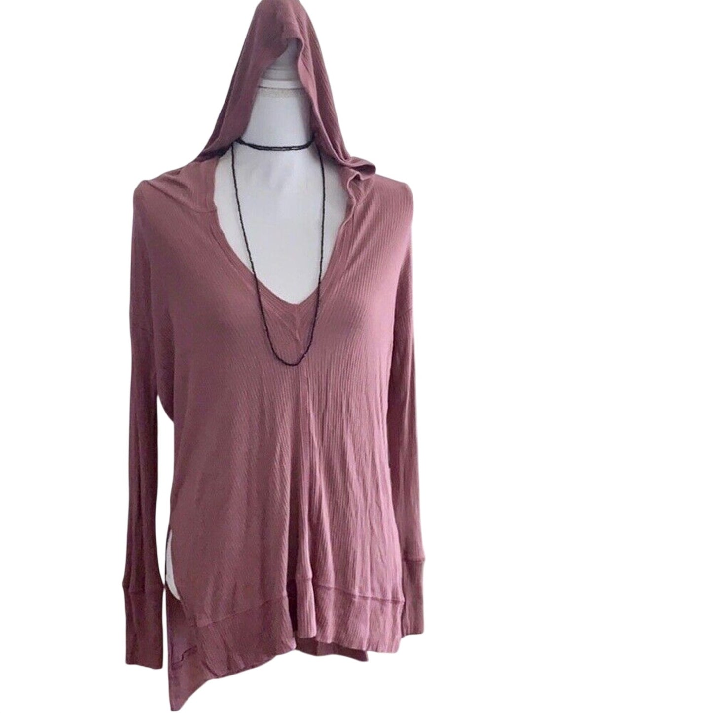 Mauve Pink Oversized Ribbed Knit Deep V long sleeve hoodie High Low Tee Top S