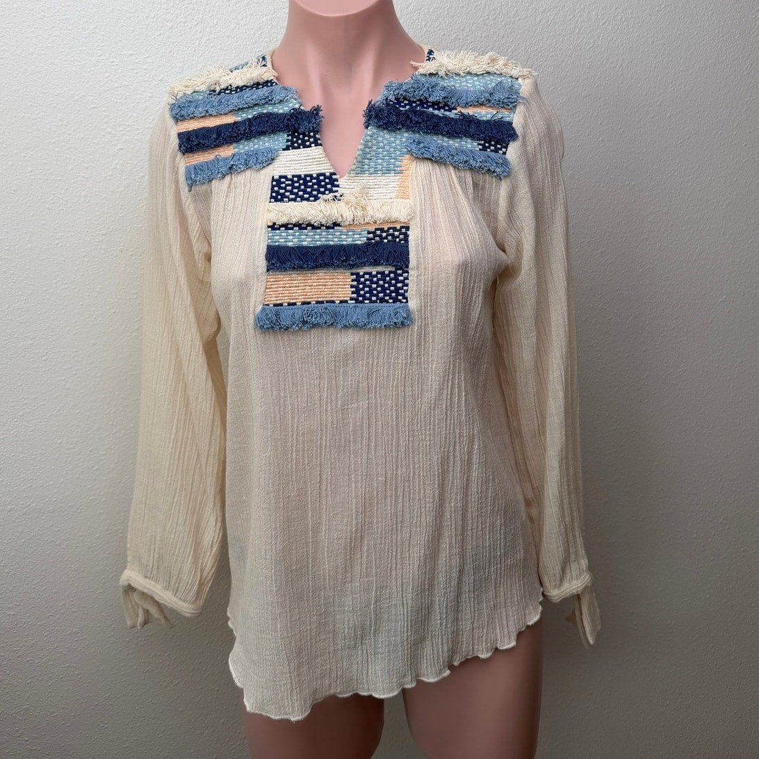 Pepin Blouse Cream Boho Gauze V Neck Tunic Women US XS