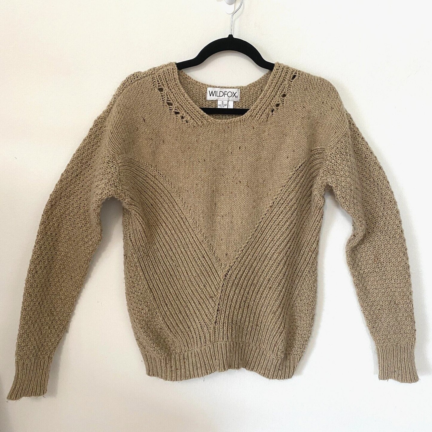 Wildfox Weekday Fuzzy Chunky Knit Design Oatmeal Tan Boxy Sweater Jumper S