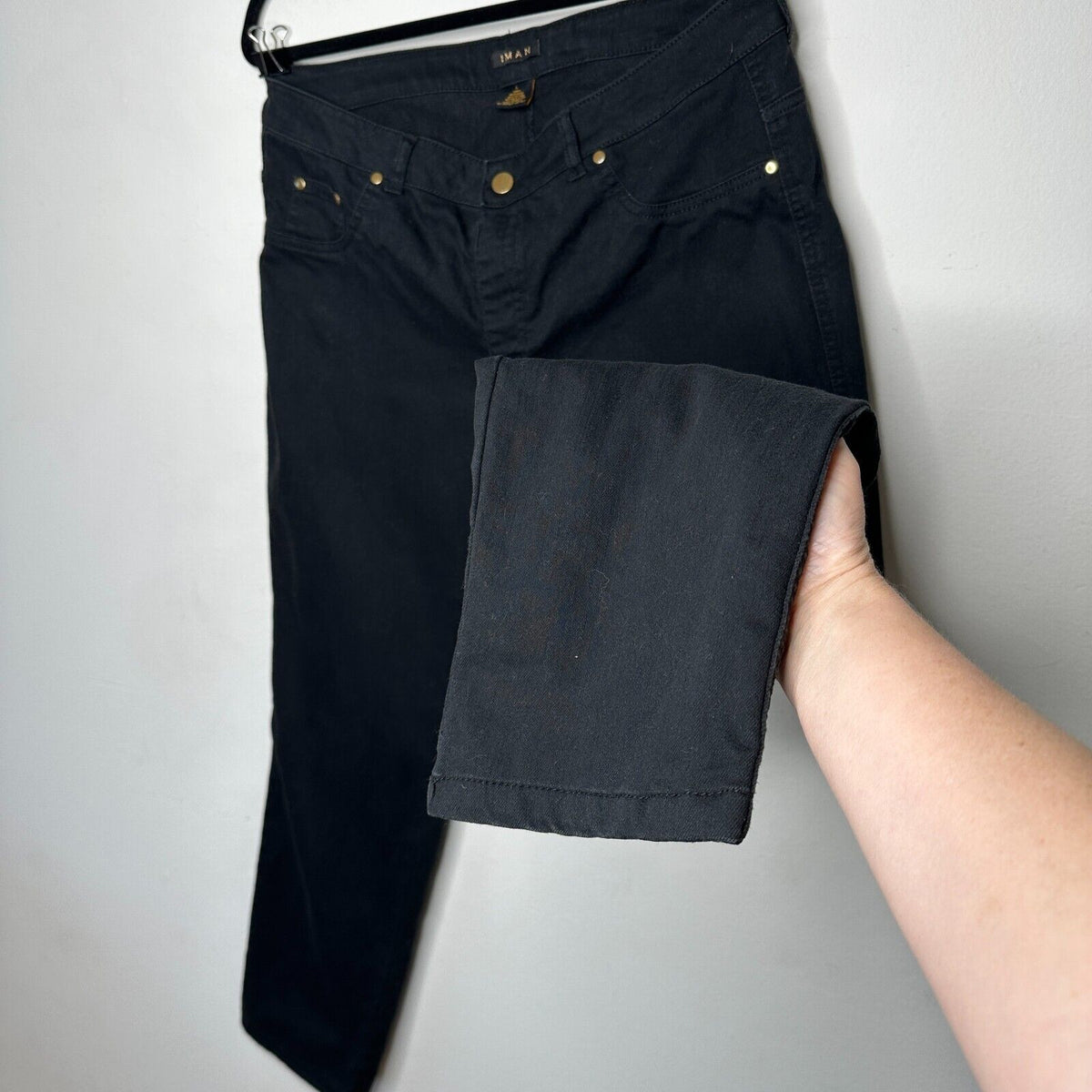 Iman Jet Black Stretch Flat Front-Button Zipper Straight Leg Pant Jean L Short