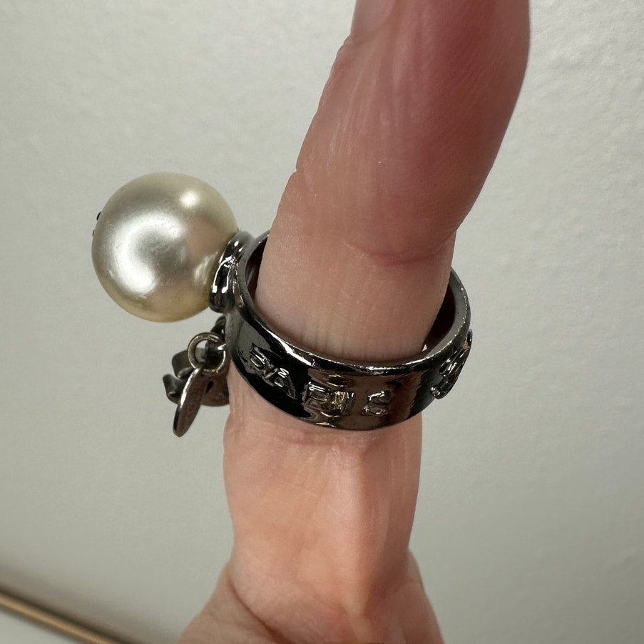 Chanel Paris Silver  Embossed Logo Pearl Crystal Heart Dangle Ring 6.5