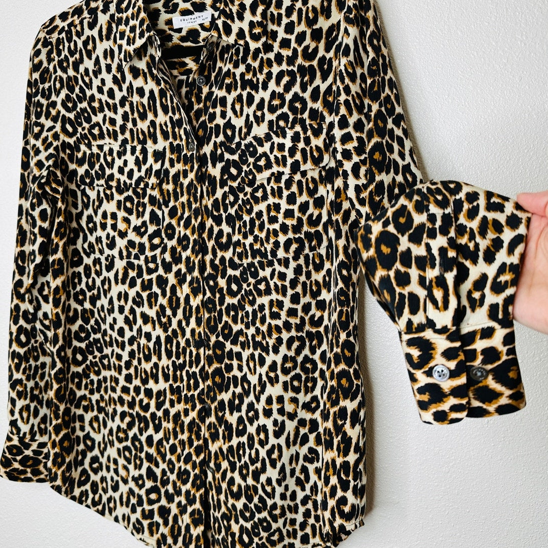 Equipment Leopard Print Long Sleeve Collared Button Up Silk Blouse XS