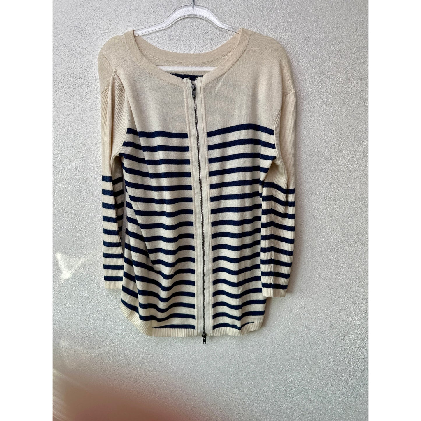 Vince Striped Sweater Cream Navy Women's US L High Low Back Zip