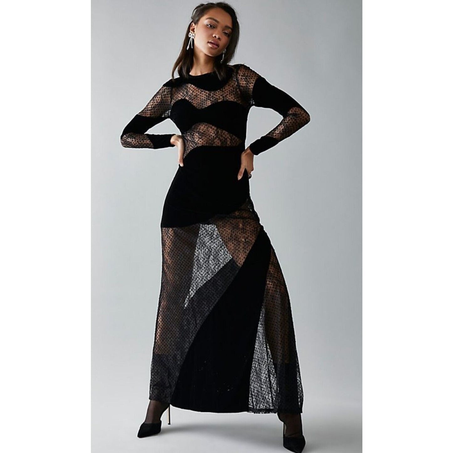 For Love & Lemons Carolyn Sheer Black Velvet Wavy-Flock Dot Lace Panel Dress XS