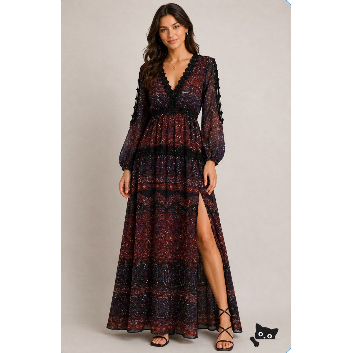 Line & Dot Black Rust Aztec Lace Trim Slit Maxi Cold Shoulder Long Sleeve M