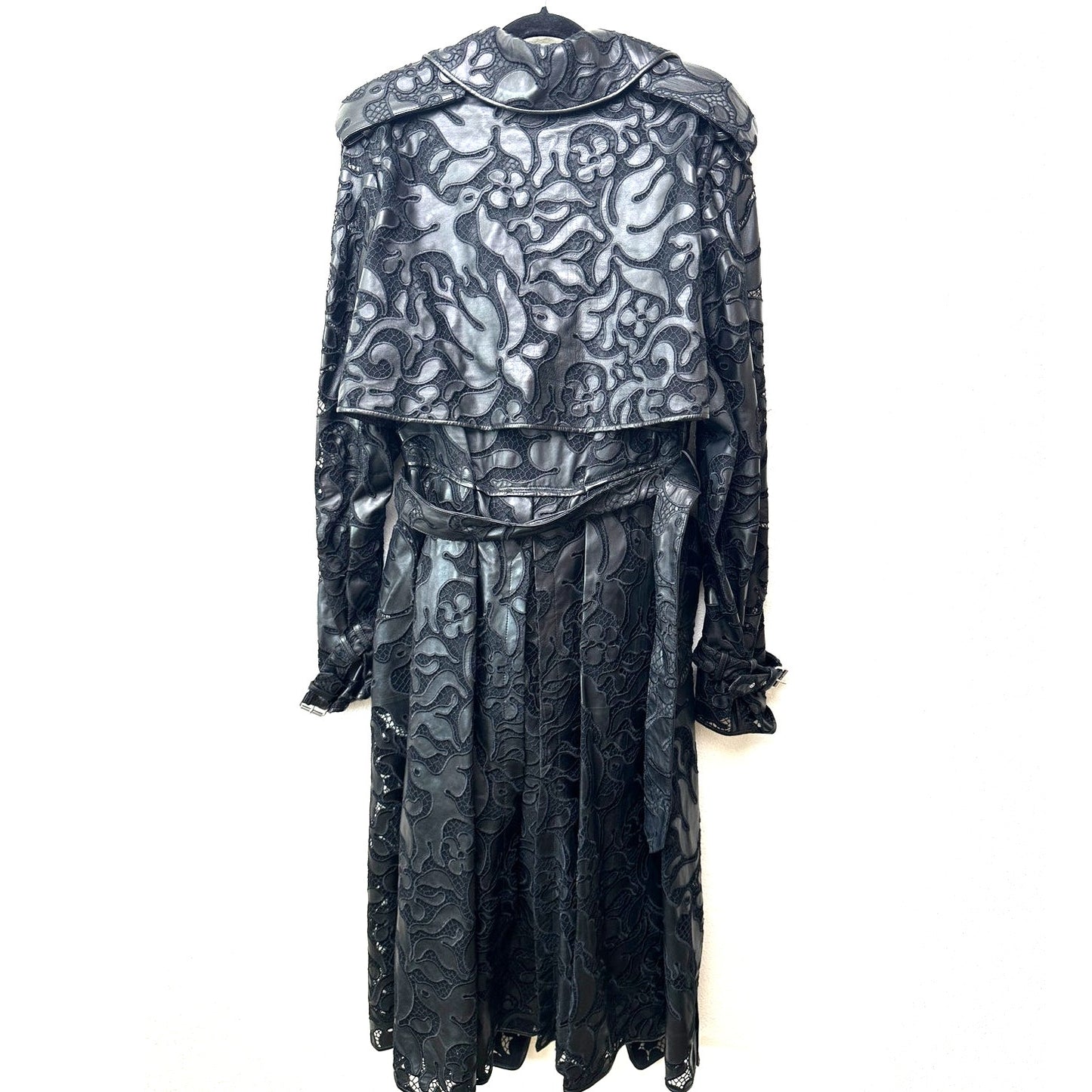 Alexander McQueen Black Leather Lace Belted Trench Coat Made in Italy 14