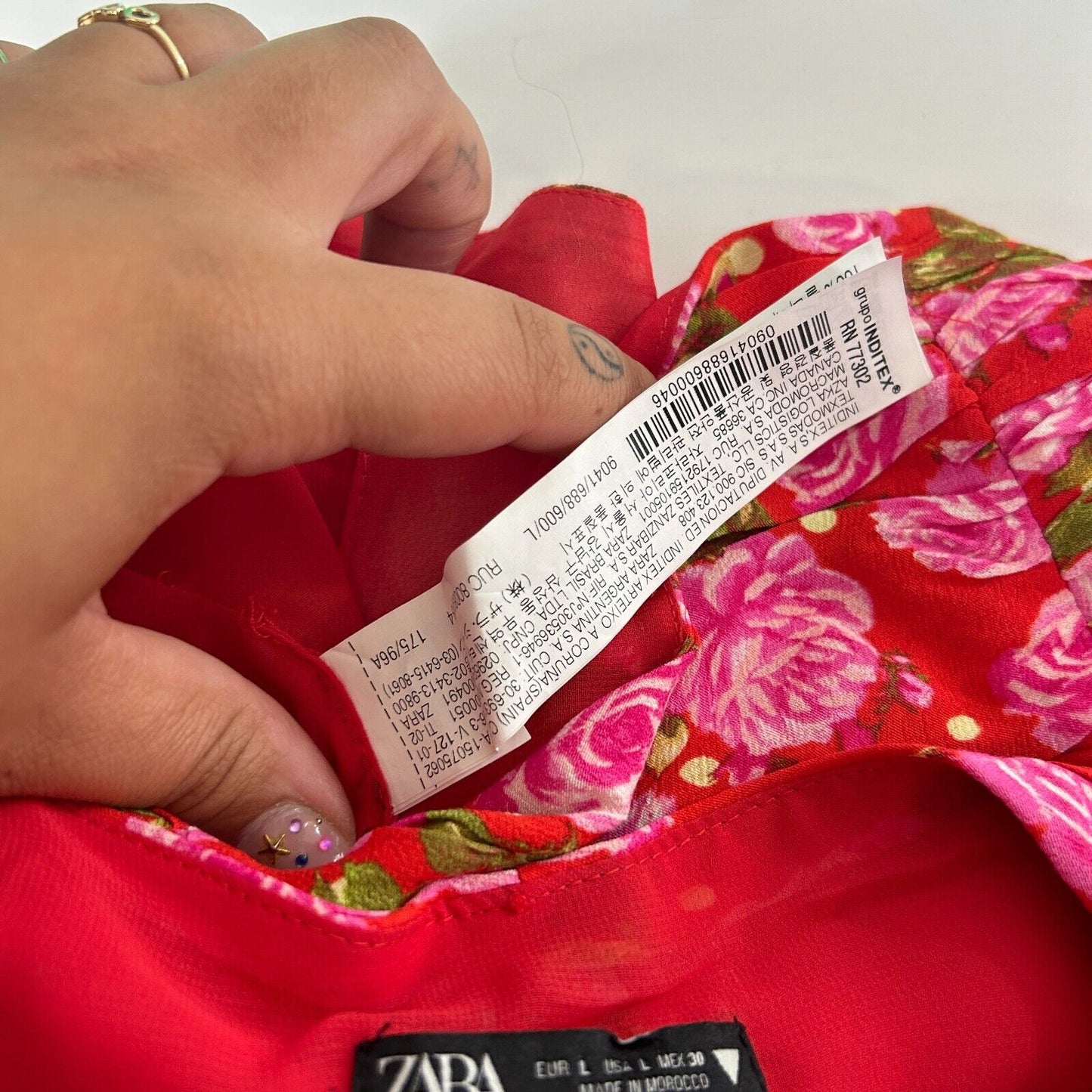 Zara Red & Pink Floral Print Long Puff Sleeve Side Zip Ruche Waist Crop Top L