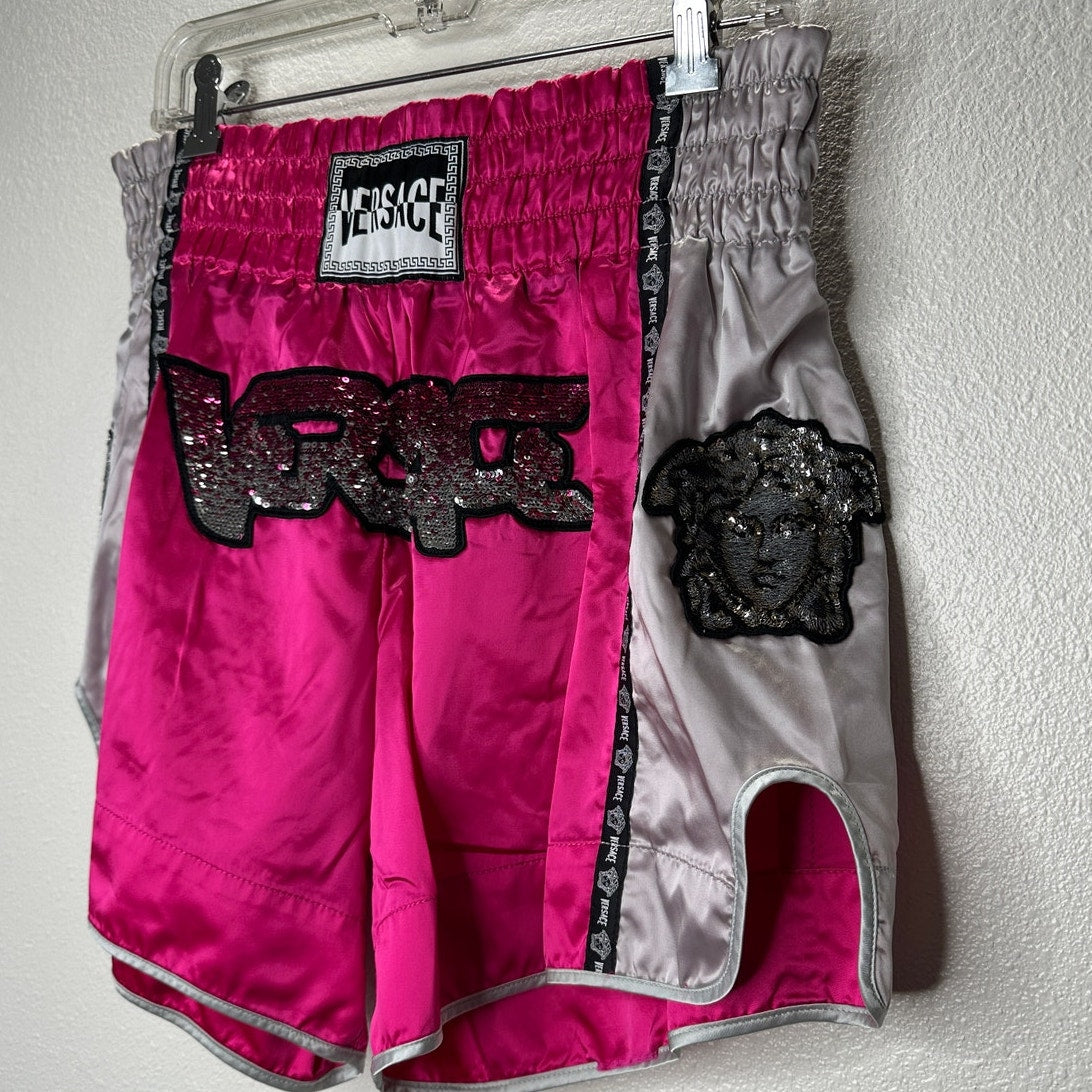 Versace Muay Thai Boxing Shorts Pink Silver Versace Medusa Patch 50 / L