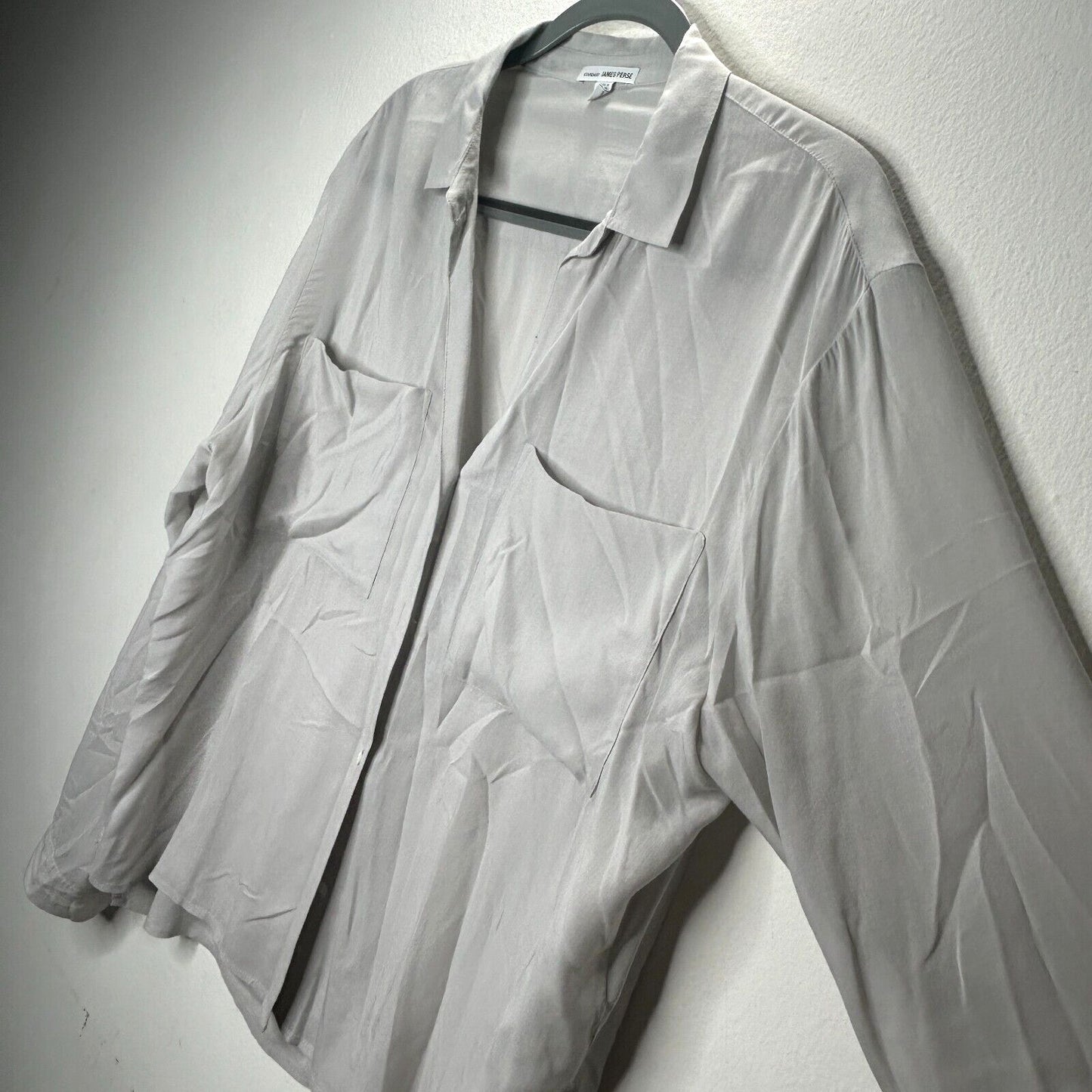 James Perse Gray Sand Open V-Neck Front Button Front Pockets Long Sleeve Shirt L