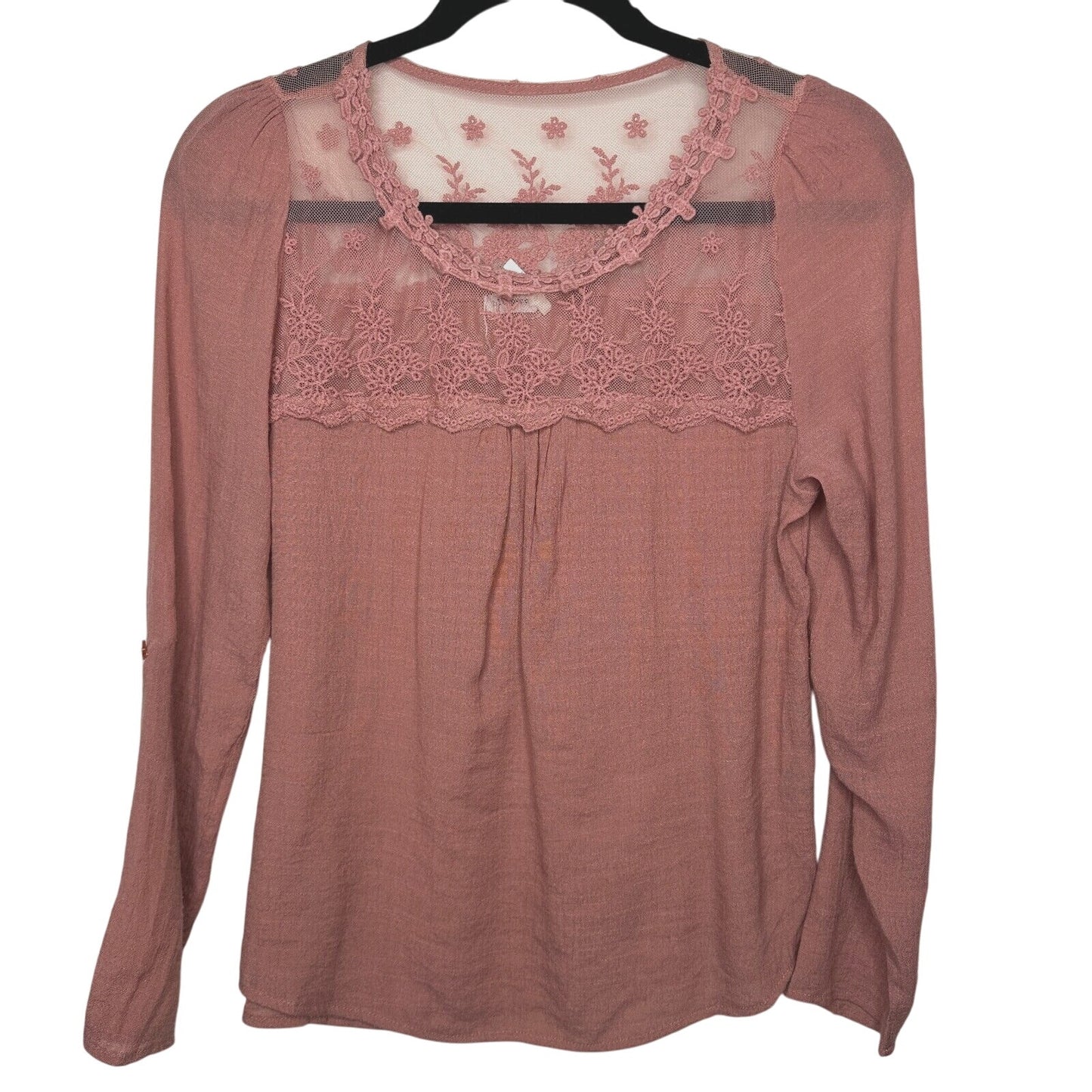 Blu Pepper Pink Apricot Floral Lace Bodice Blouse Long Sleeve Roll Tab Sleeve S