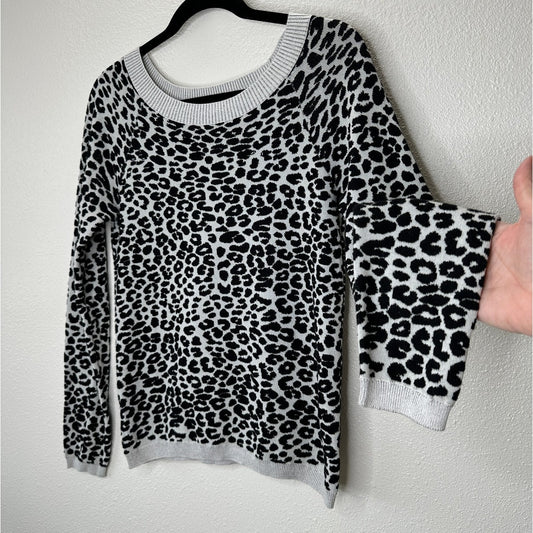 Express Black & Light Gray Leopard Print Boat neck Long Sleeve Thin Sweater M