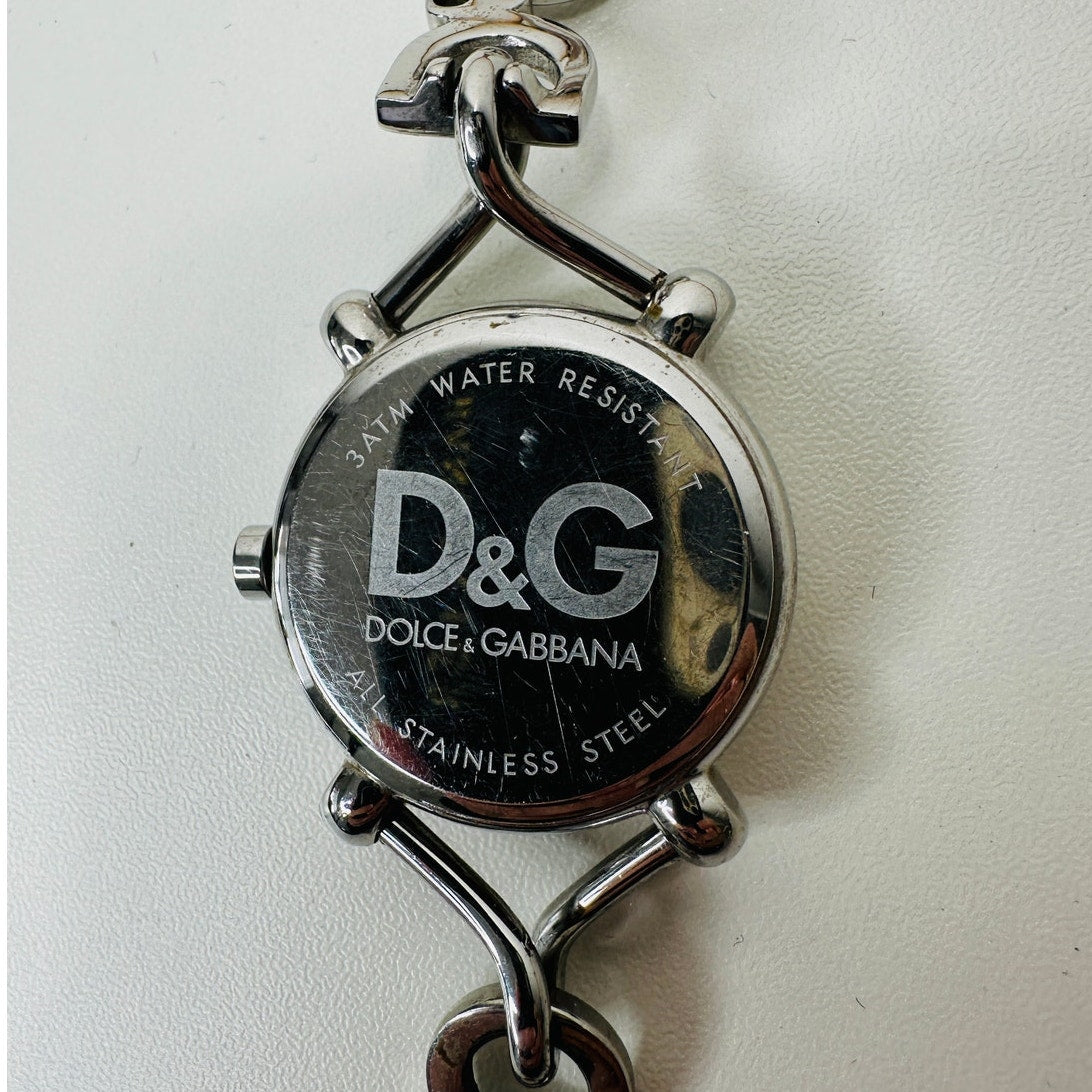 Dolce & Gabbana Ladies Silver Flock Diamante Quartz Watch White Band