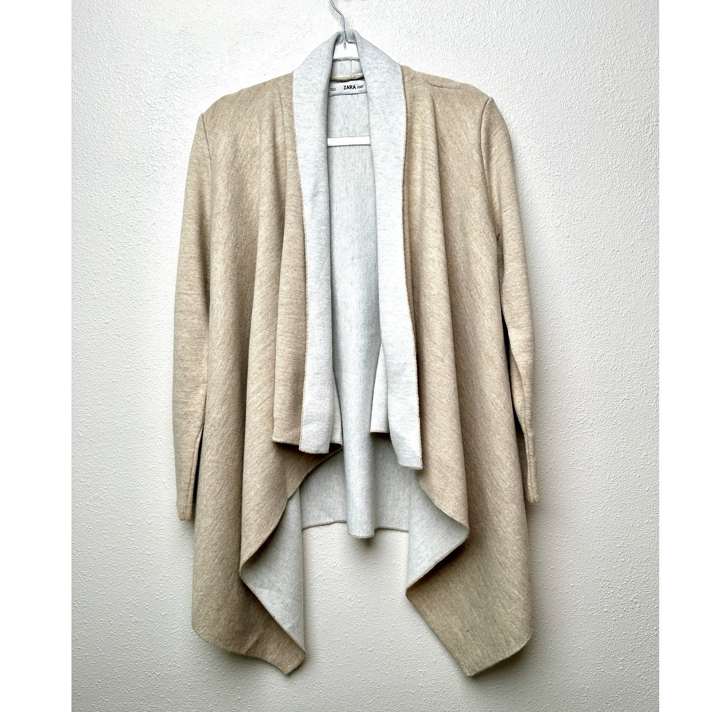 Zara Knit Two-Tone Waterfall Cardigan Sweater Tan/Cream Women M