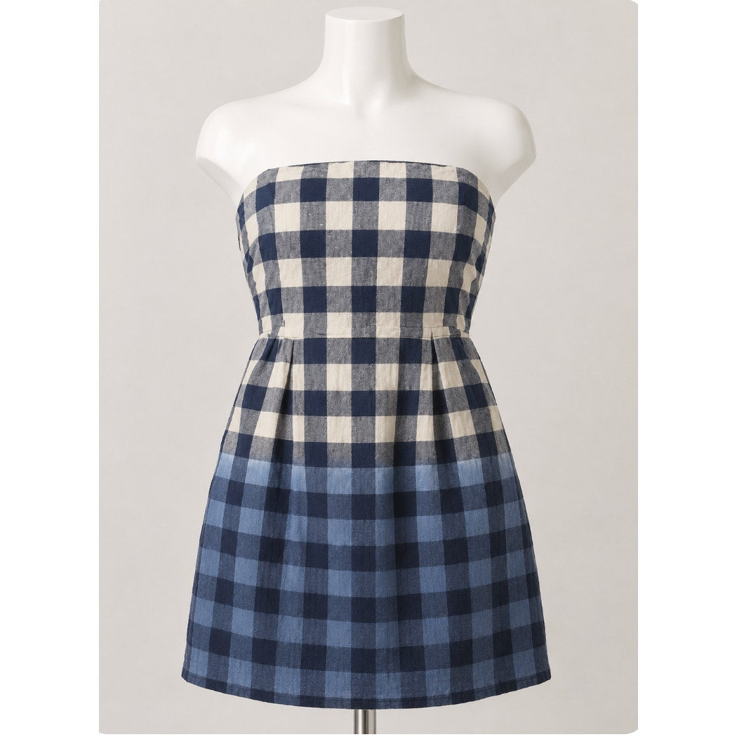 Gap Cute Plaid Linen Tan Black Blue Navy Ombre Strapless Dress Side Pockets 2