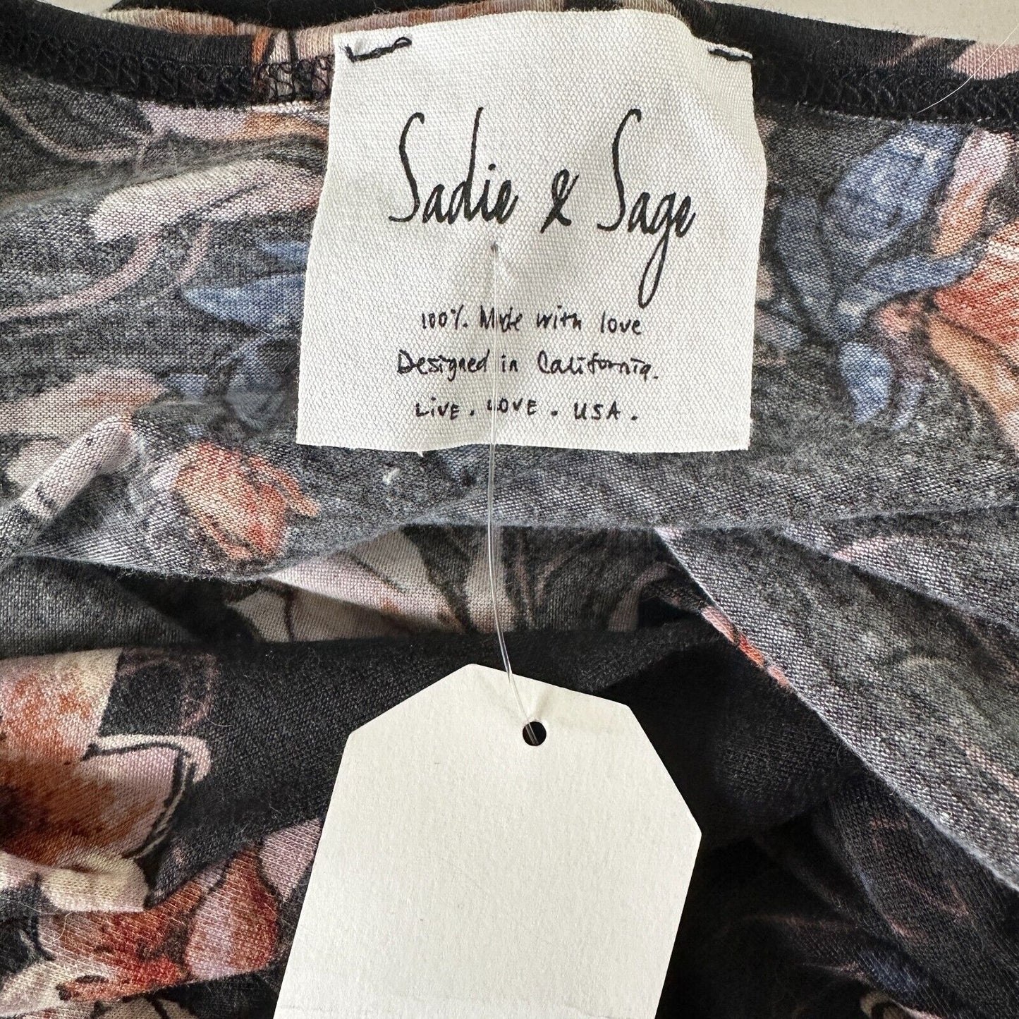 NWT Sadie & Sage Black With Peach Blue Floral Long Bell Sleeve Deep-V Romper S