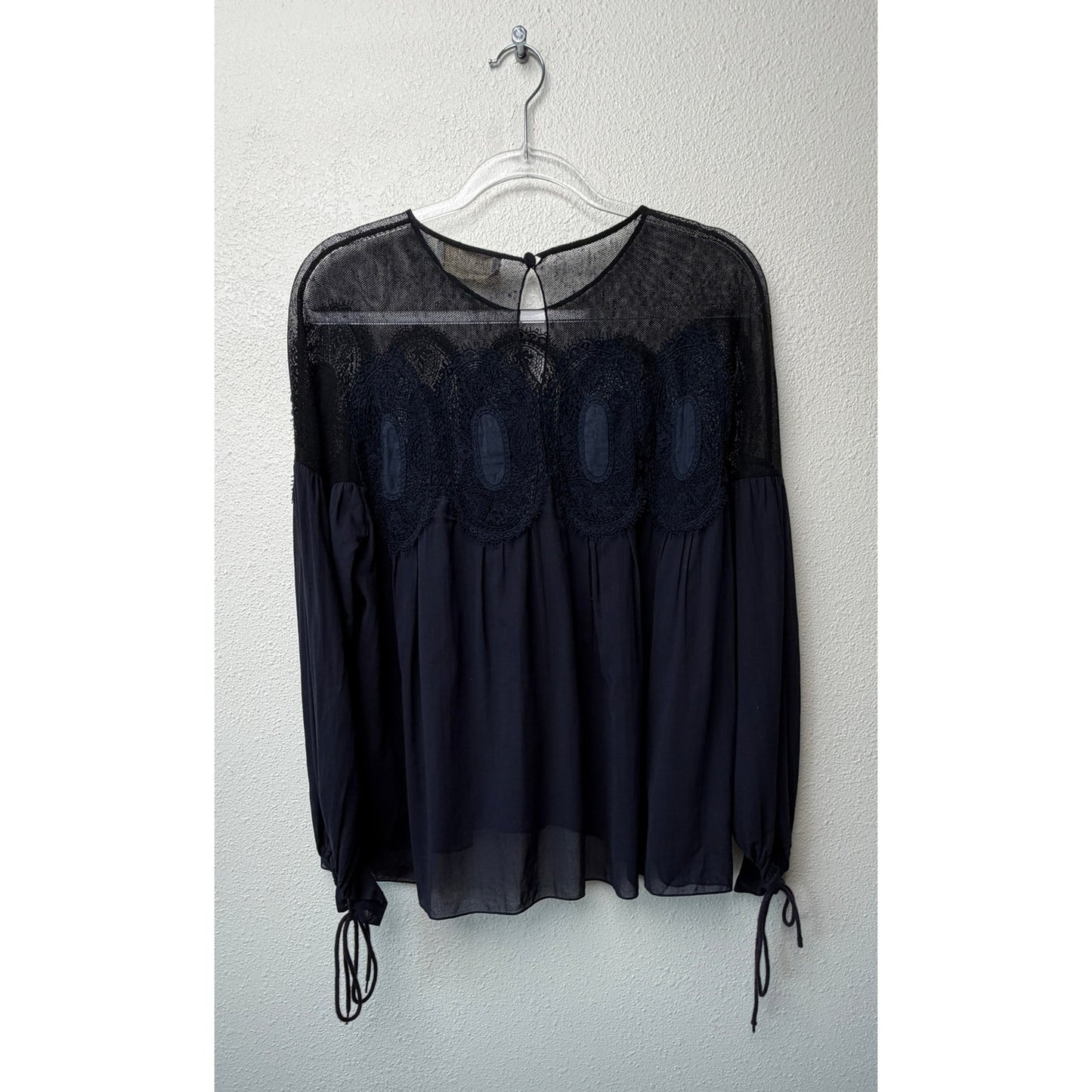 Chloe Womens Navy Lace Mesh Babydoll Blouse US 6
