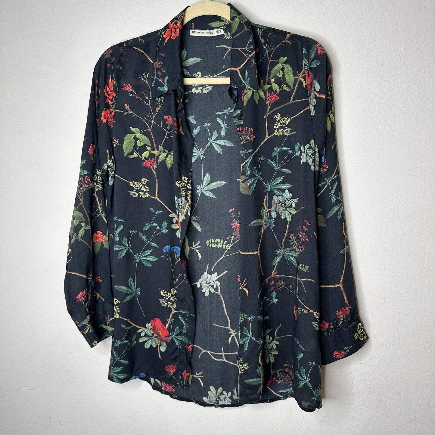 H&K Collection Botanical Floral Black Pink Blue Green Button Up Lightweight Top