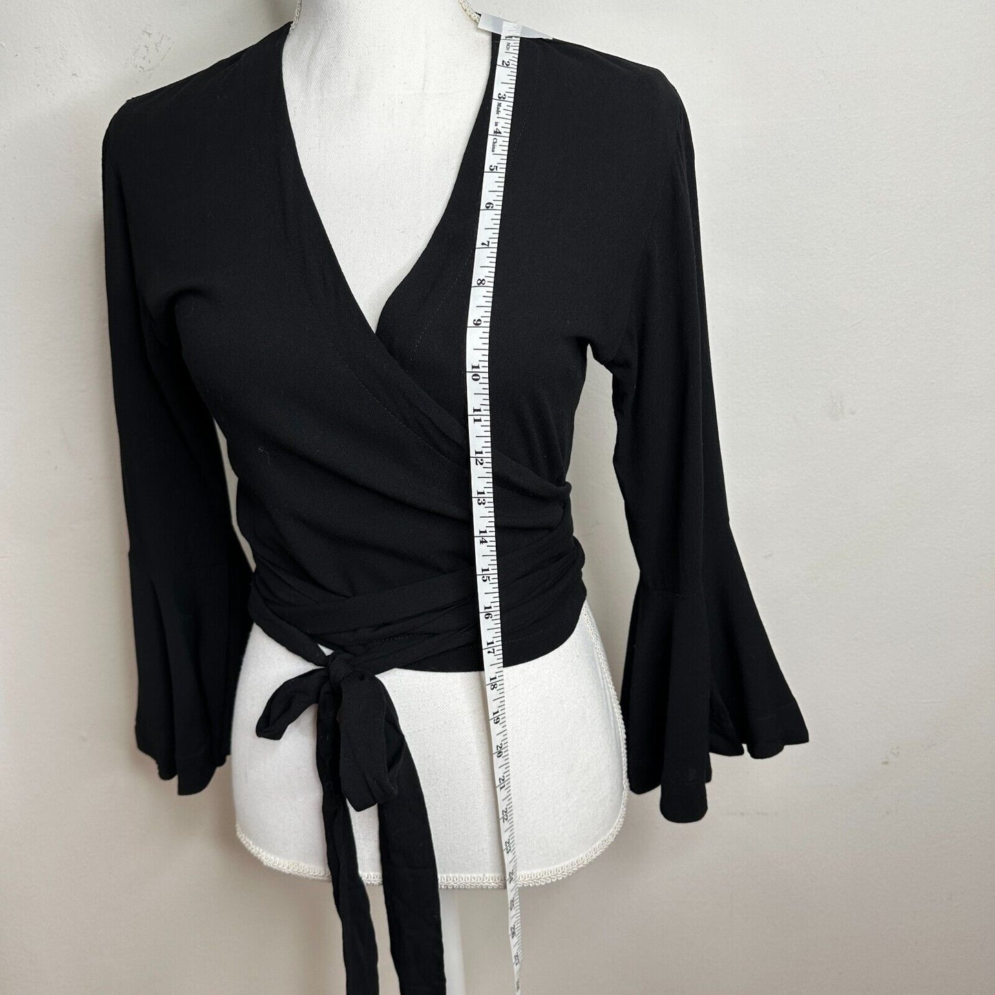 NWT Revolve Indah Lucia Black Wrap Tie Waist Top Plunging VNeck Bell Sleeves XS