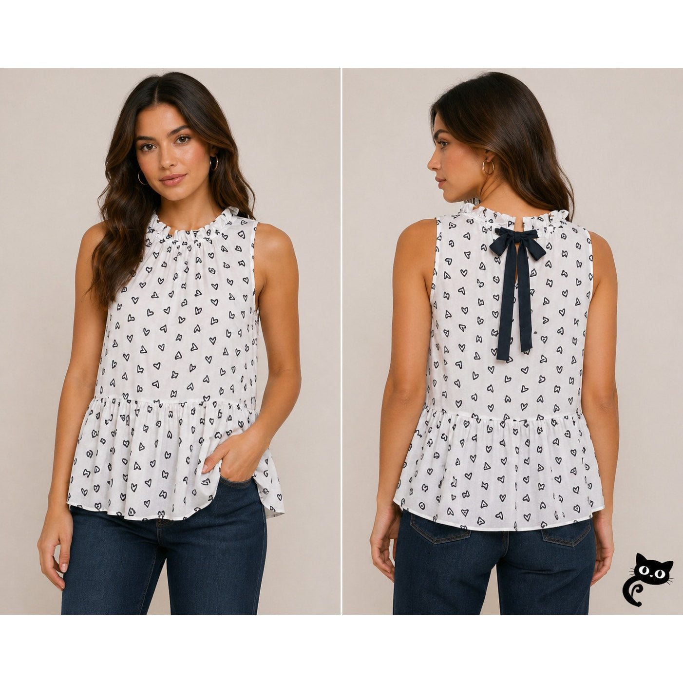 Loft White Peplum Top Black Hearts Sleeveless Ruffle Tie Neck and Ruffle Hem XSP