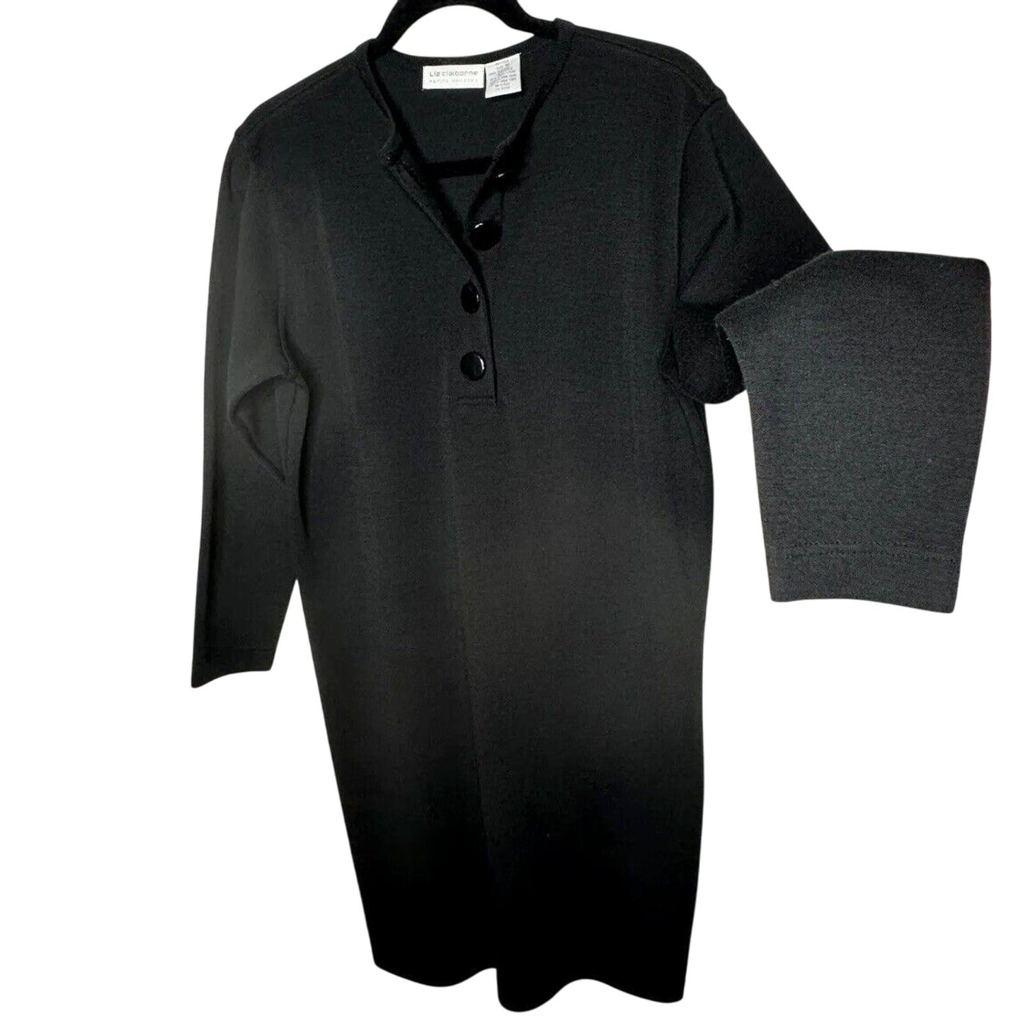Liz Claiborne Black Henley V-Style Half Button 3/4 Sleeve Wool Dress M