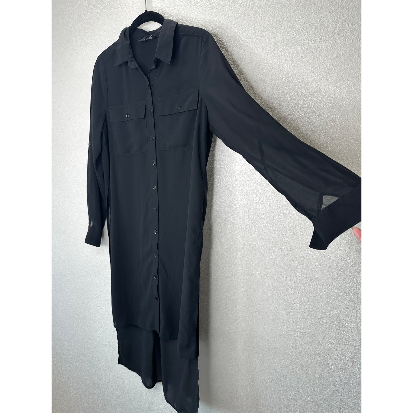 Comme Black Sheer Collared Front Button High Low Long Sleeve Shirtdress S / M