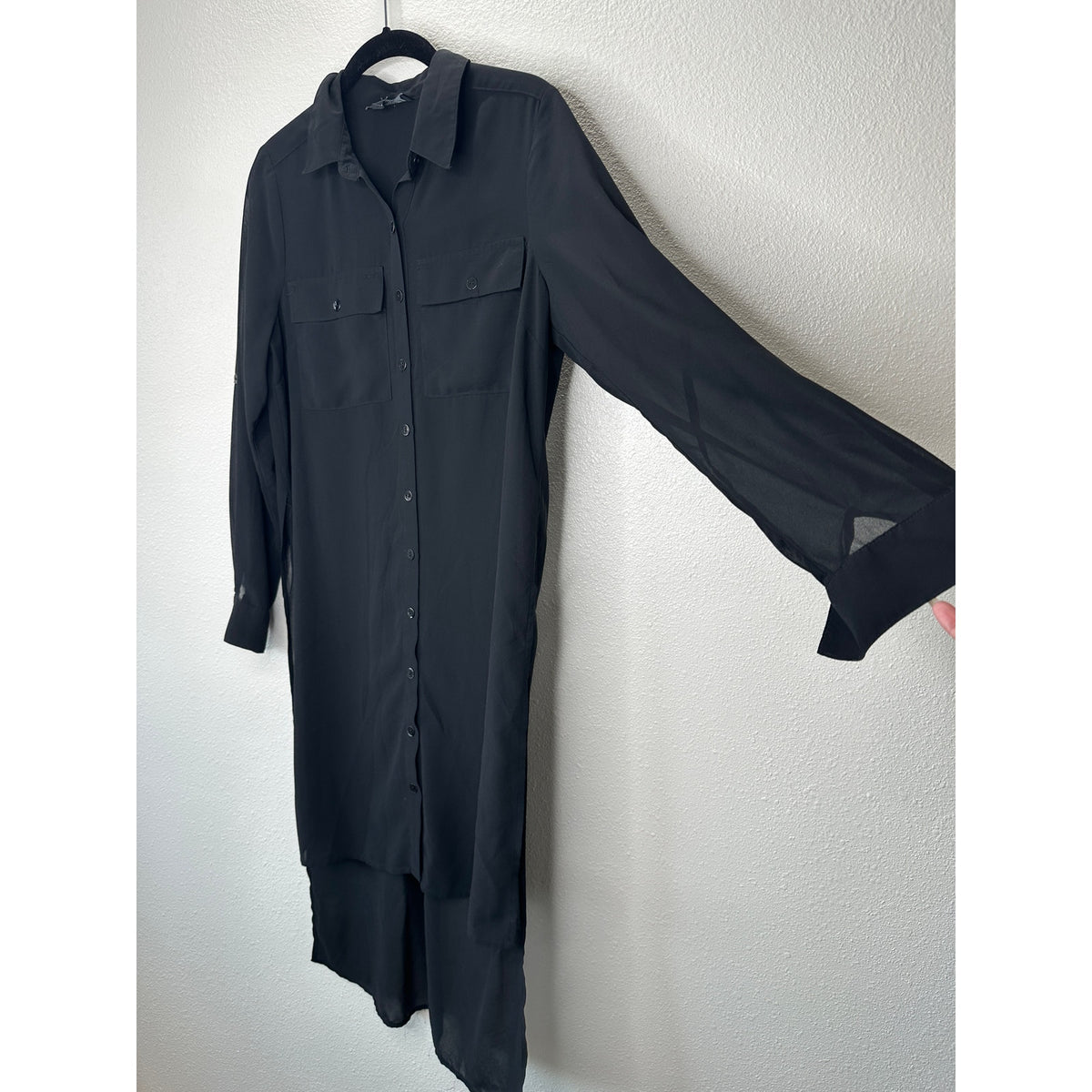 Comme Black Sheer Collared Front Button High Low Long Sleeve Shirtdress S / M
