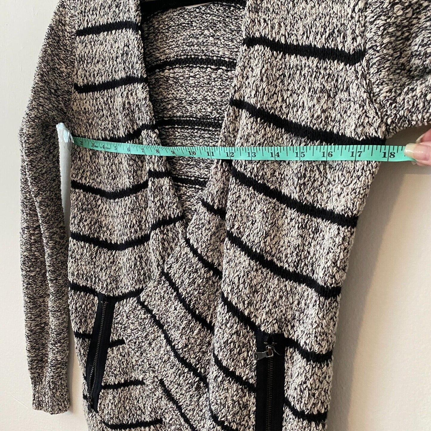 Lou & Grey Chunky Knit Black & Gray Off White Stripe Open Cardigan Zip Pocket XS