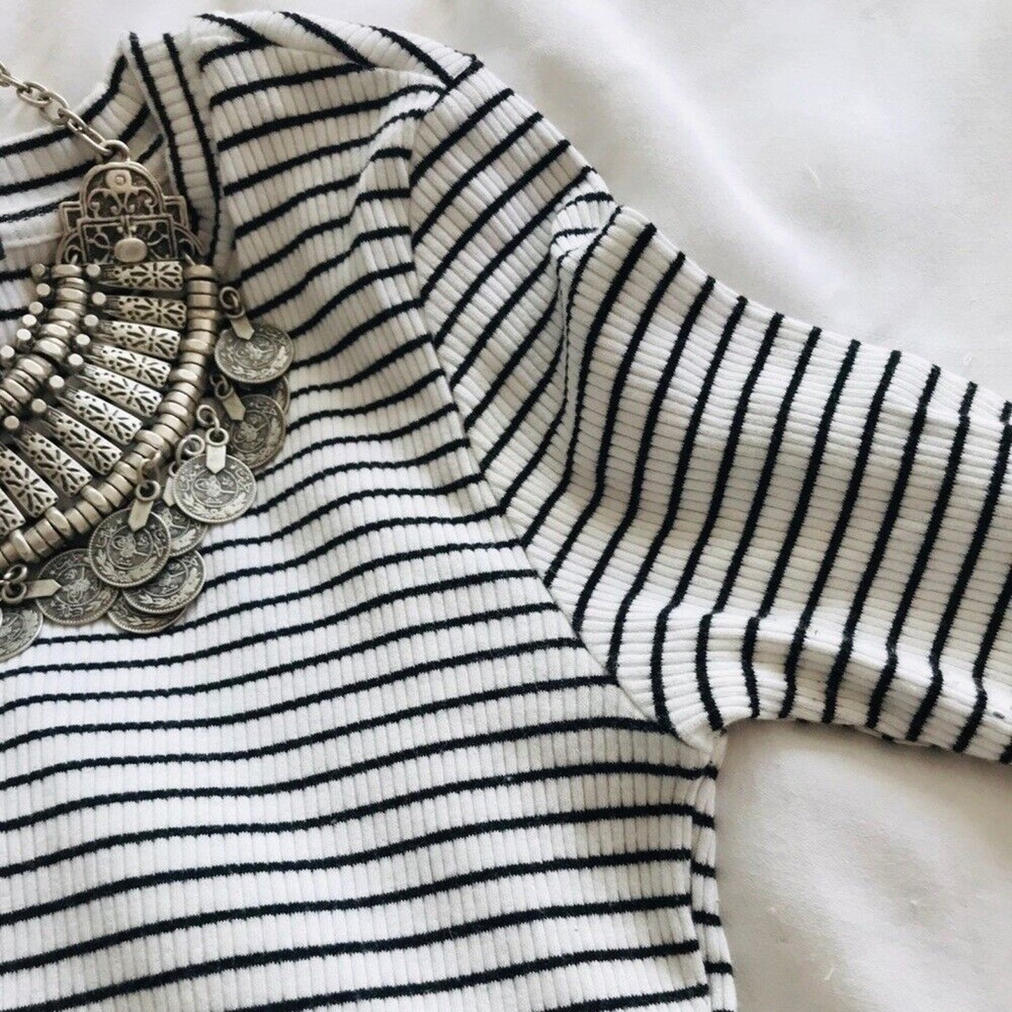 Forever 21 White & Black Striped Stretchy Short Sleeve T Shirt Bodycon Dress M