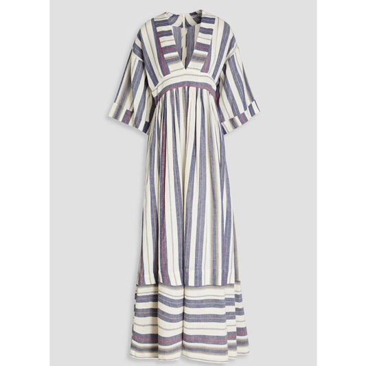 Three Graces London Ferrer Tan Blue Red Stripe Short Cuff Sleeve V-Neck Dress 10