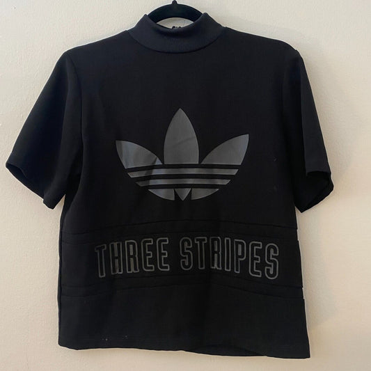 Adidas Black Trefoil Three Stripe Graphic Mock Neck Back Zip Short Sleeve Top S