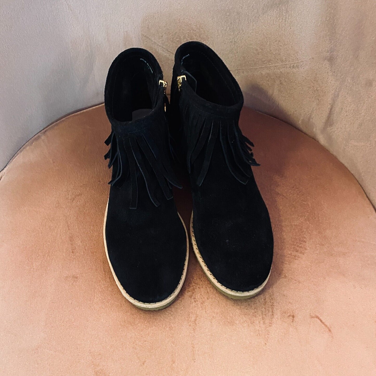 NIB Kate Spade Cute Betsie Black Fringe Suede Bootie Ankle Boot Gold Zipper 6