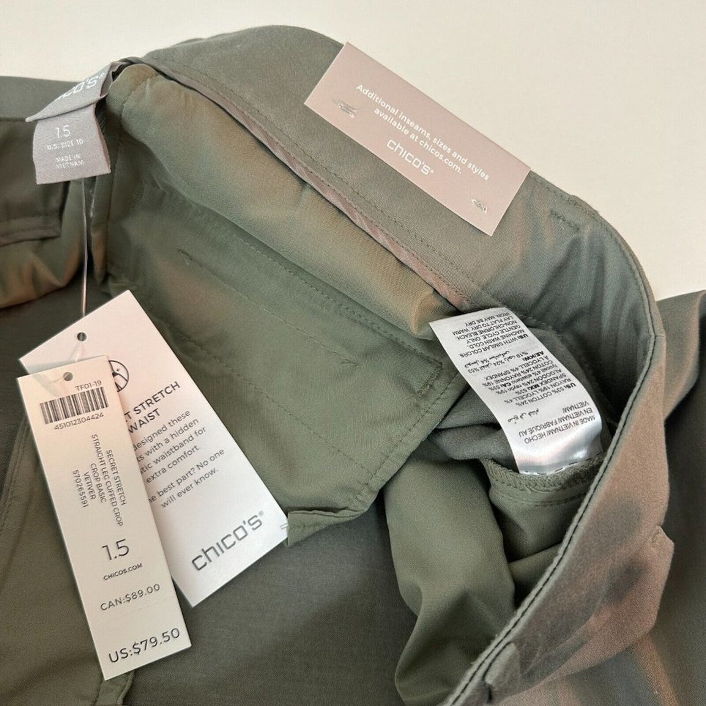 NWT Chico's Secret Stretch Straight Leg Cuffed Crop Pant Vetiver Olive Gray 10