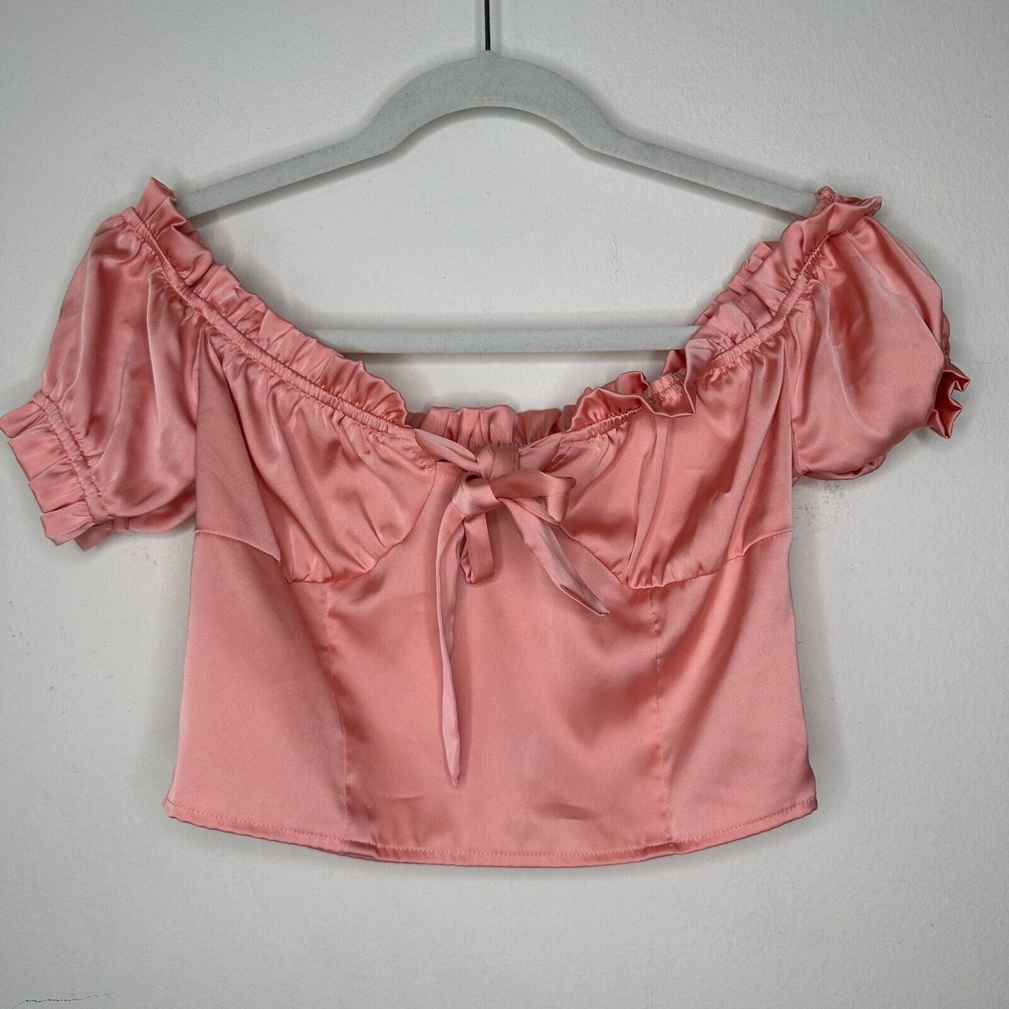 Nasty Gal Peachy Pink Satin Bodice Off Shoulder Crop Tie Close Ruffle Edge Top 6