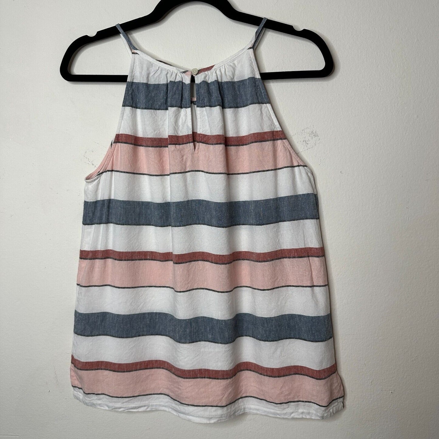 Loft Gray White Pink Stripe Linen Blend Halter Neck Sleeveless Blouse Keyhole SM