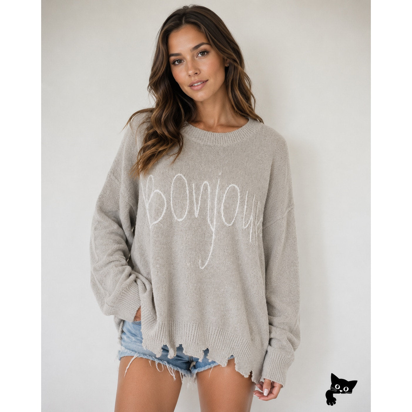 William B Taupe Bonjour Embroidered Oversize Distressed Sweater Long Sleeve S