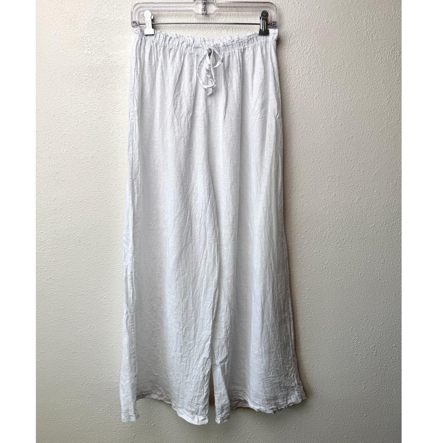 Nati White Linen Wide Leg Palazzo Pants High Rise Drawstring