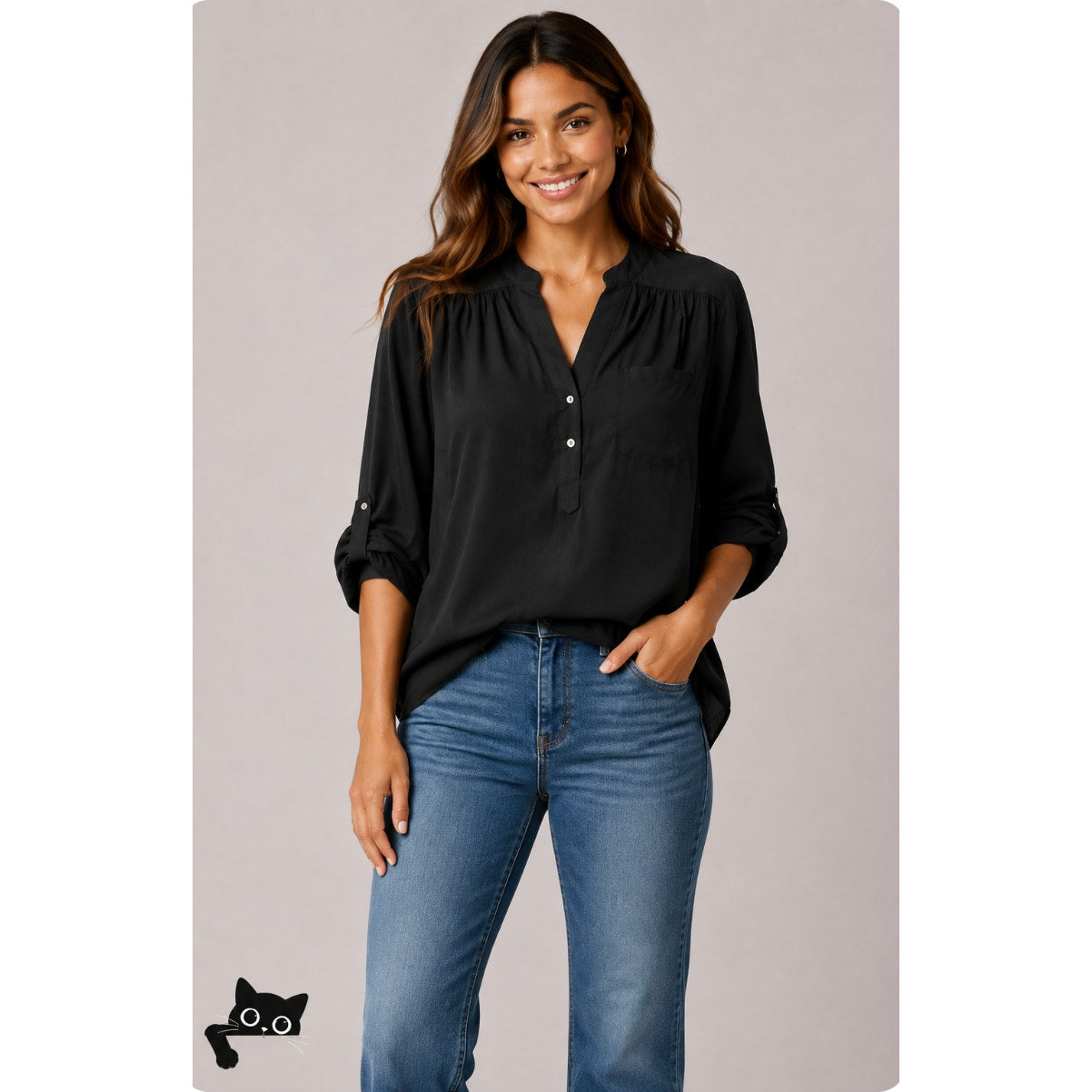 Ellison Black Satin V-Neck Front Button with Pockets Long Sleeve Blouse S