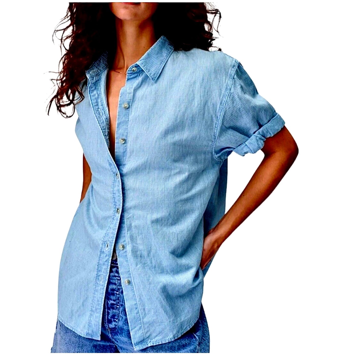 Aritzia Community Blue and White Pin Stripe The Jane Short Sleeve Button Shirt