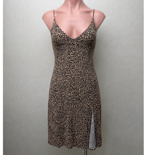 Reformation Marlowe Black Tan Leopard Print Mini Front Slit Dress XS
