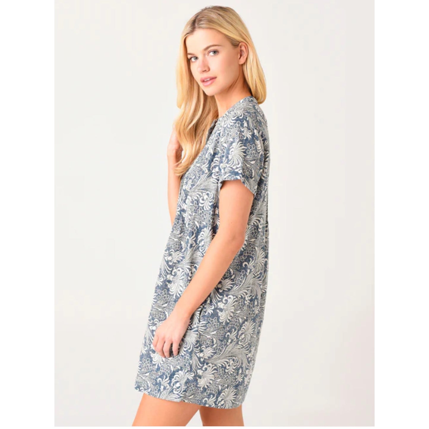 Faherty Cream & Blue Hawaiian Print Gemina Tunic Dress Split VNeck Short Sleeve