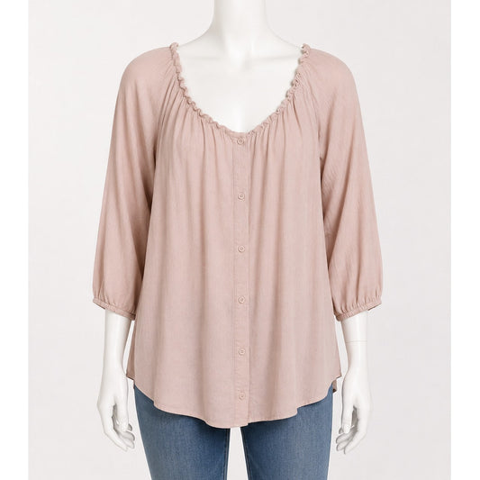 American Vintage Blush Off Shoulder 3/4 Sleeve Flowy Button Up Blouse Top Small