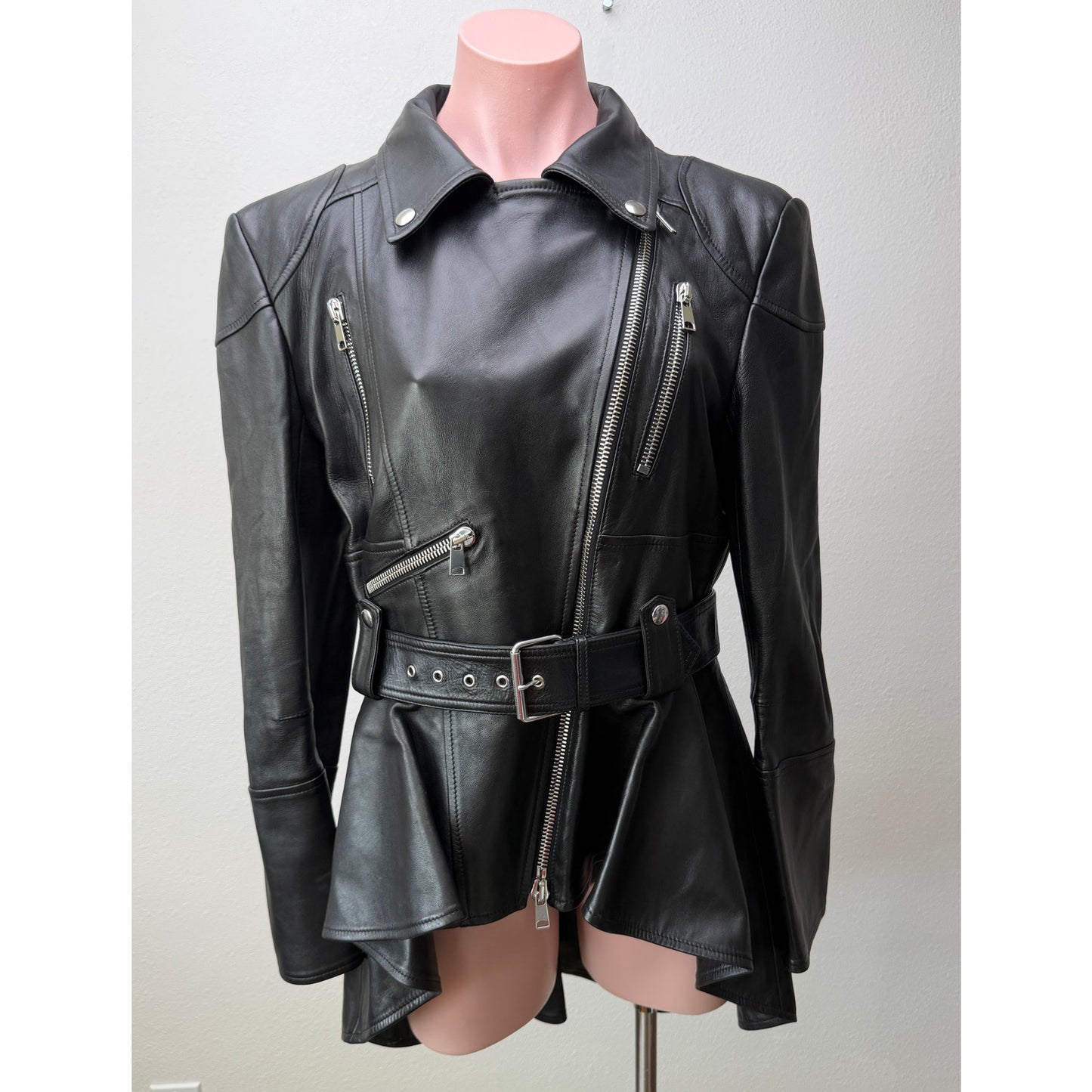 Alexander McQueen Black Peplum Moto Jacket Women's IT 50