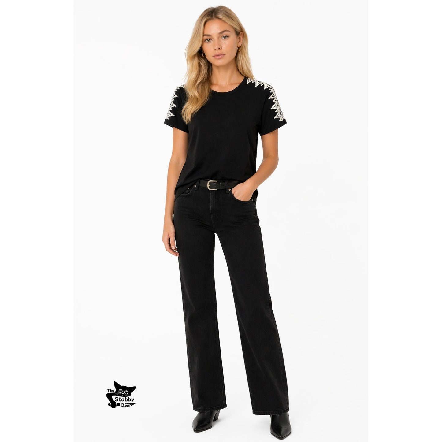 Pepin Black Short Sleeve Shirt with Embroidered Shoulders – XS