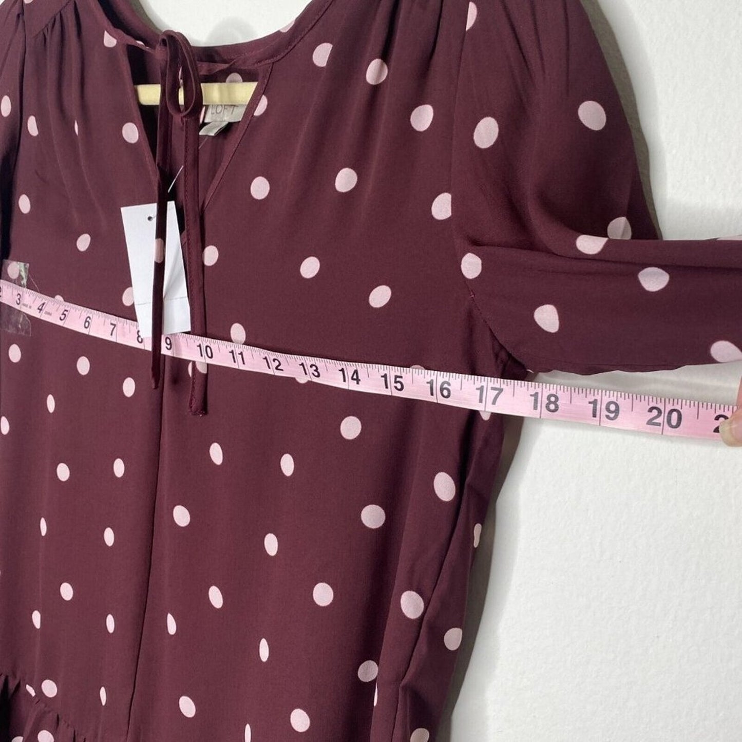 Loft Burgundy Plum & Pink Polka Dot Tie Neck Ruffle Hem Long Sleeve Blouse XXS