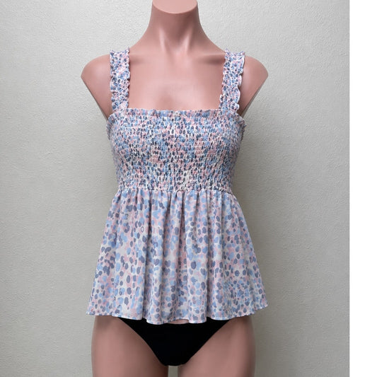 Aqua Muted Pink Cream Blue Smocked Sleeveless Babydoll Top S