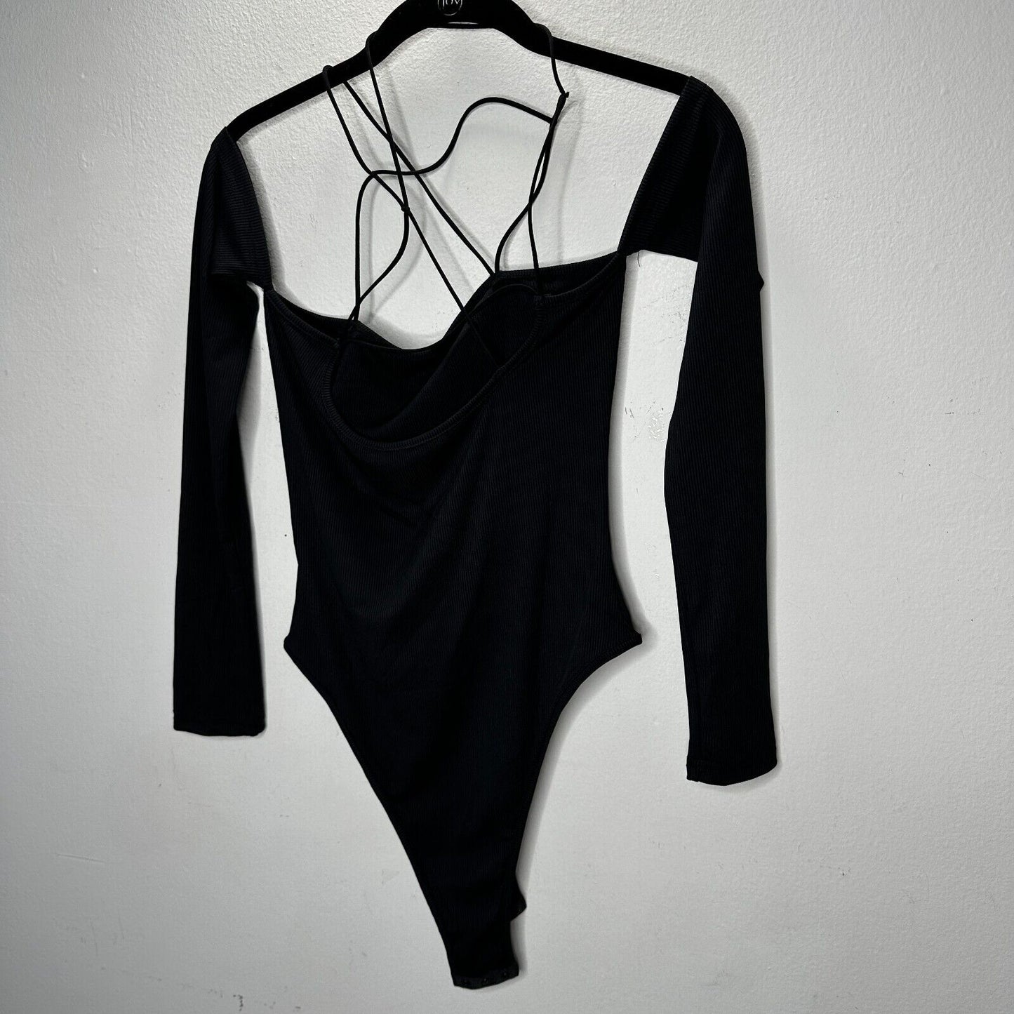 Black Bandeau Style Attached Arm Sleeve Criss Cross Back Bodysuit Snap Close M