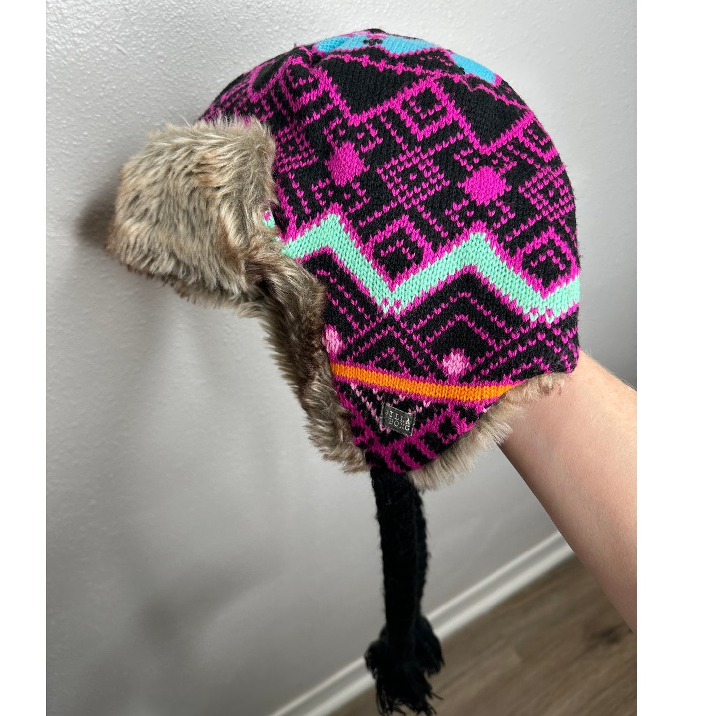 Billabong Pink Black Blue Knit with Faux Fur Trapper Hat OS