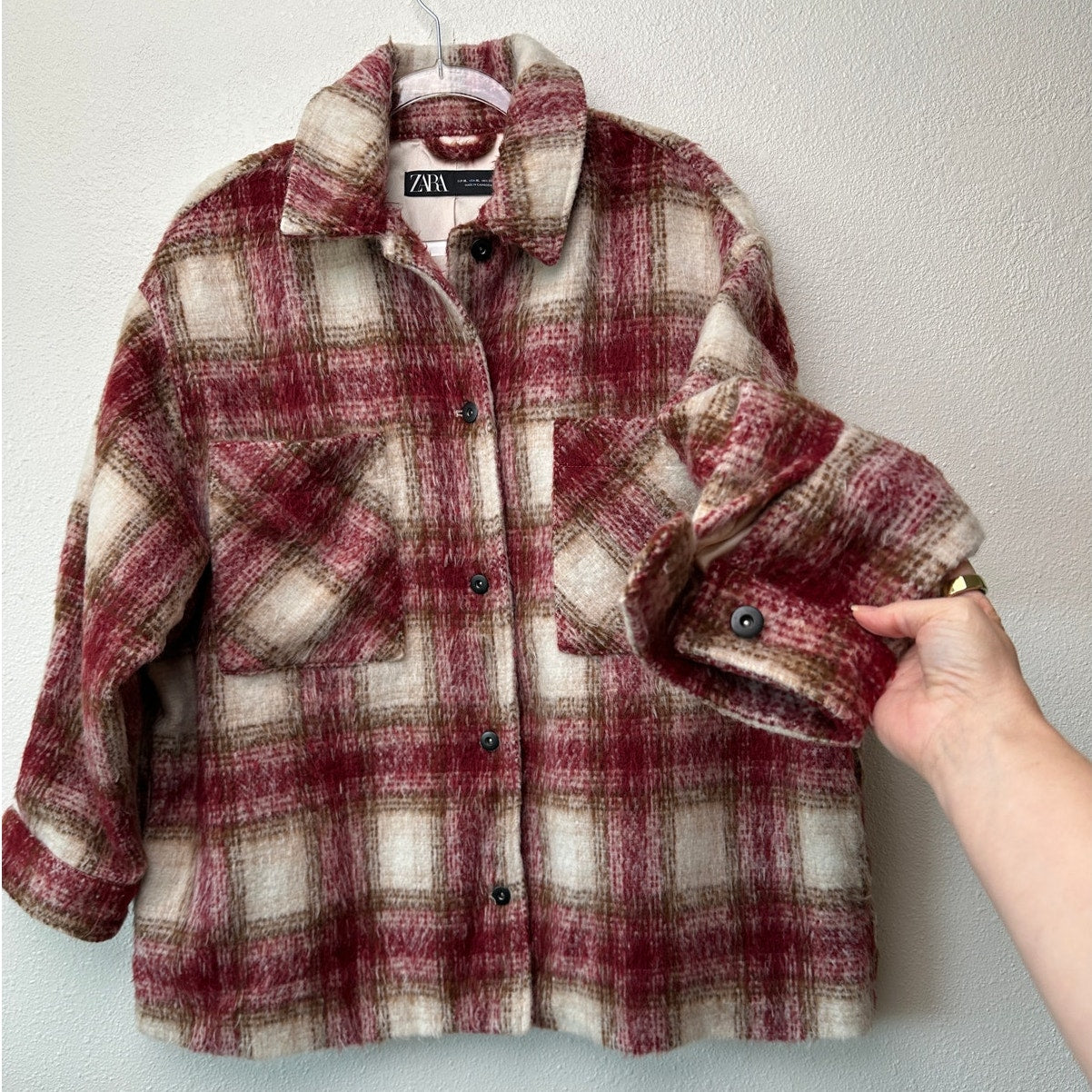 Zara Jacket Red Brown Cream Plaid Womens US XL Fuzzy